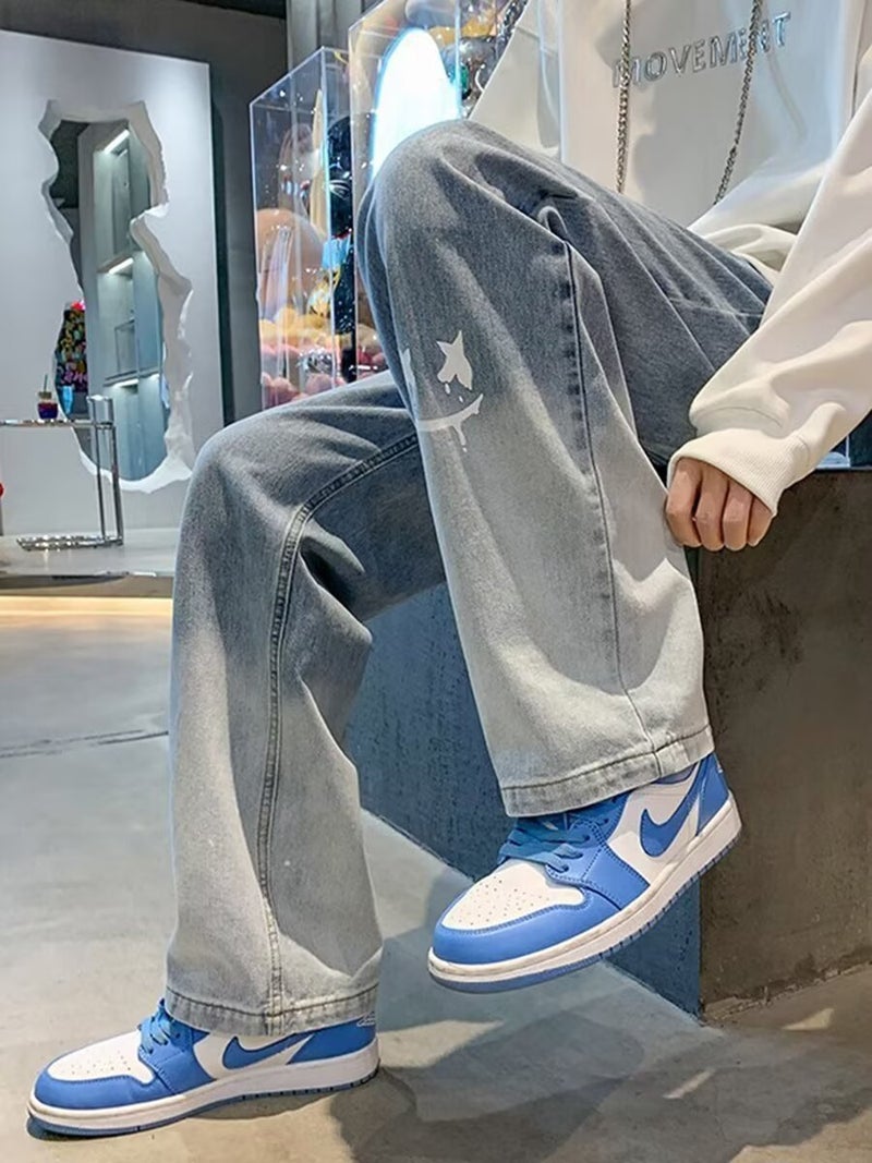 Men'S New Straight Tube Gradient Wash Jeans Loose Light Blue Black Jeans Printed Fashionable Street - Image 4